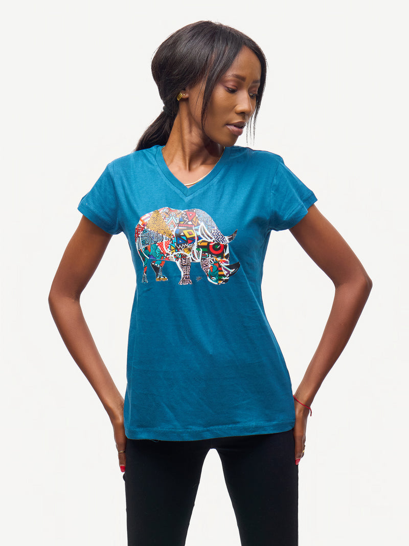 Ladies Graphic Ts: Petrol Blue With Kifaru
