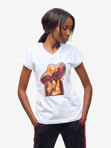 Ladies Graphic Ts: White with African Lady