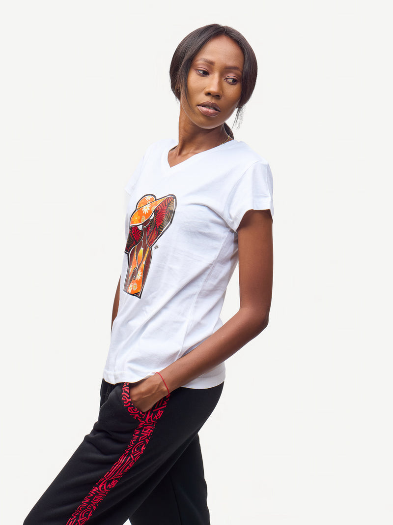 Ladies Graphic Ts: White with African Lady