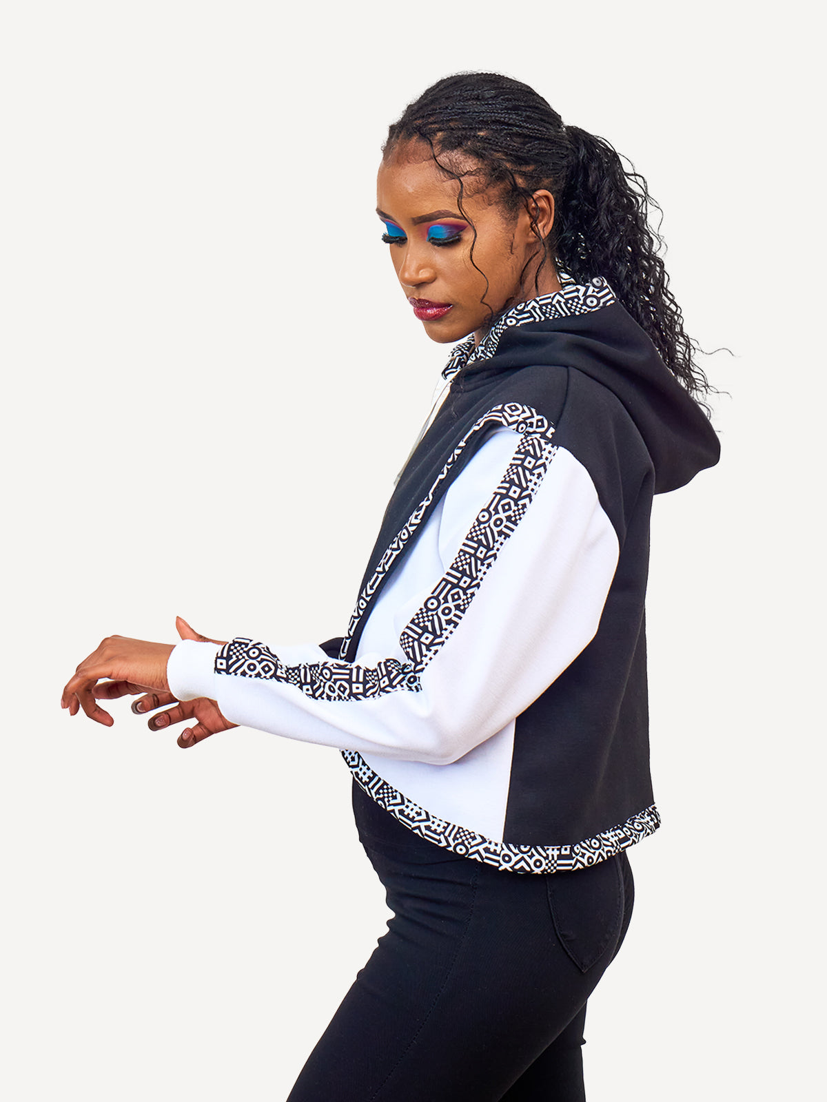 Ladies Block Hoodies: Crop White Black with B&W KK – Kitu Kali