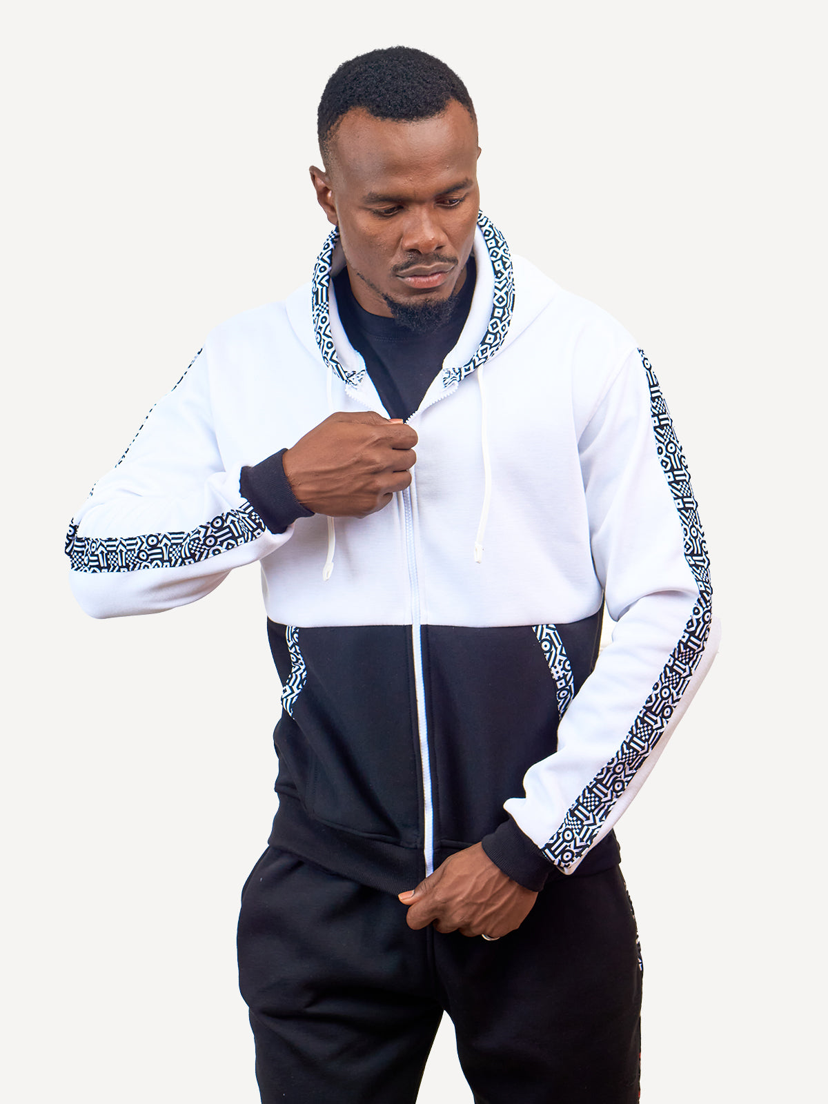 Kali Zipper Block Hoodies: White & Black with B&W KK Print