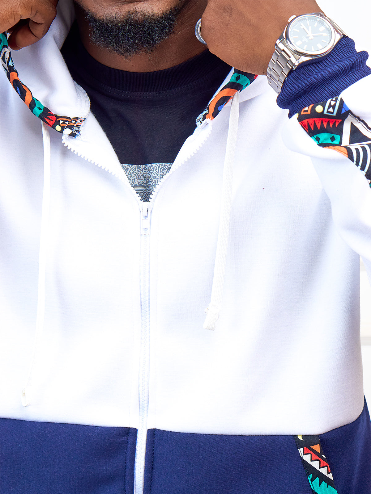 Kali Zipper Block Hoodies: White & Navy with Blue Tribal