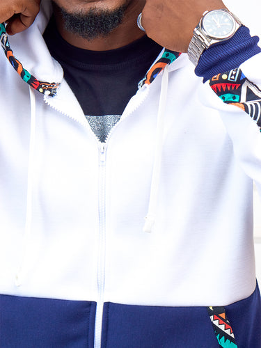 Kali Zipper Block Hoodies: White & Navy with Blue Tribal