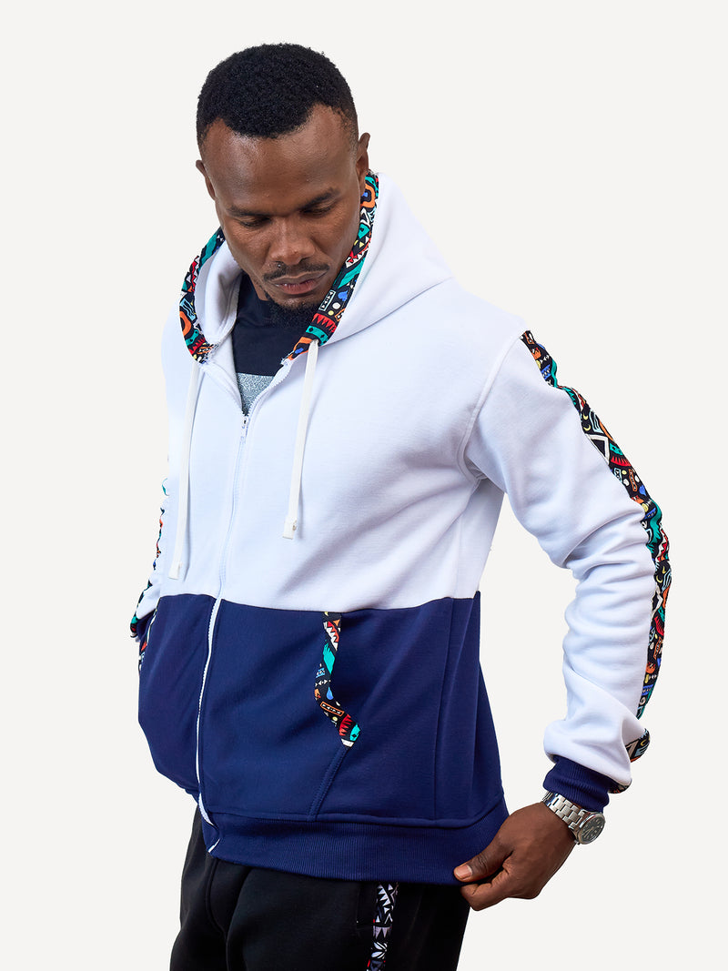 Kali Zipper Block Hoodies: White & Navy with Blue Tribal