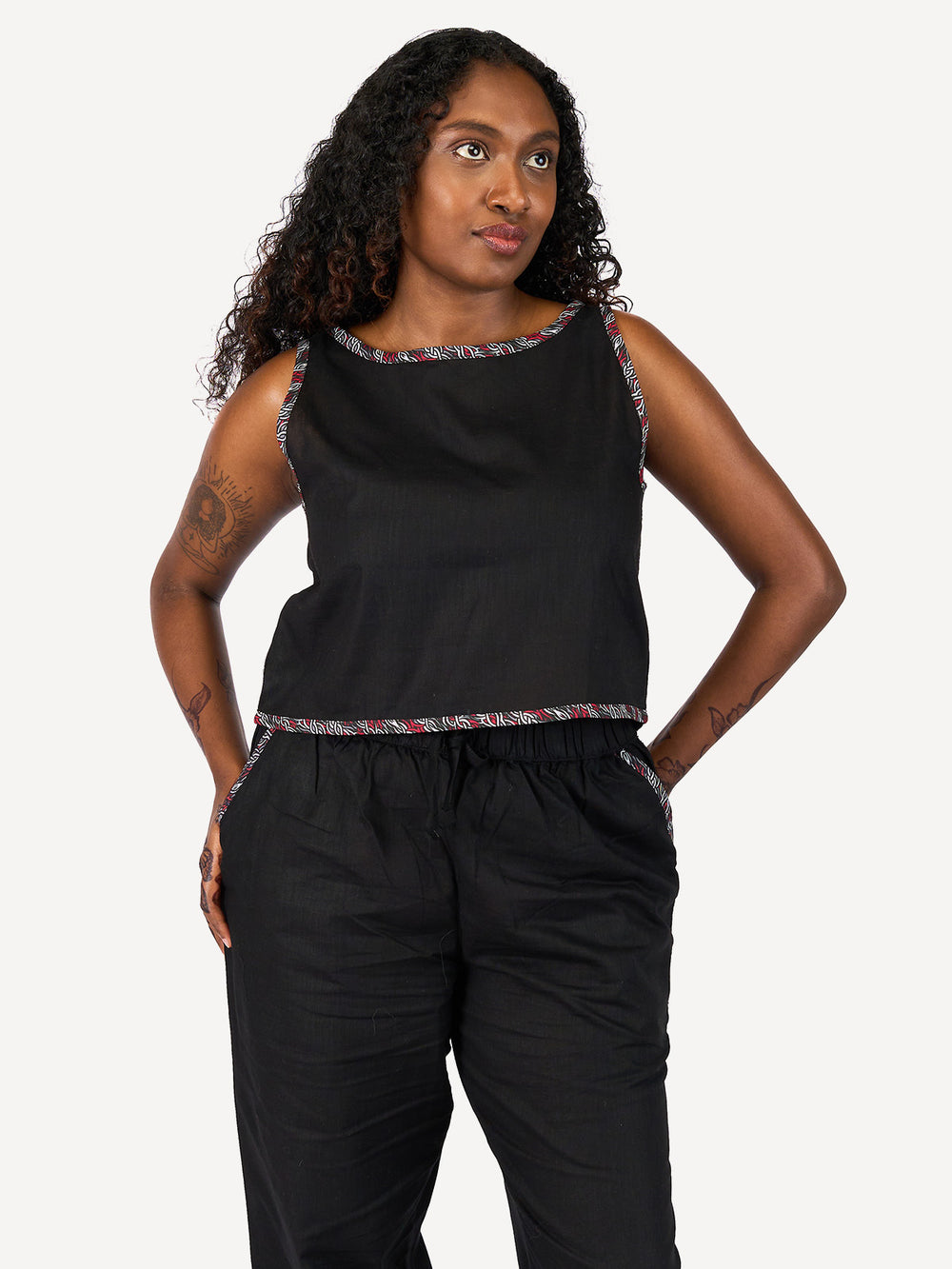 Linen Top - Black with R&G Tribal Print