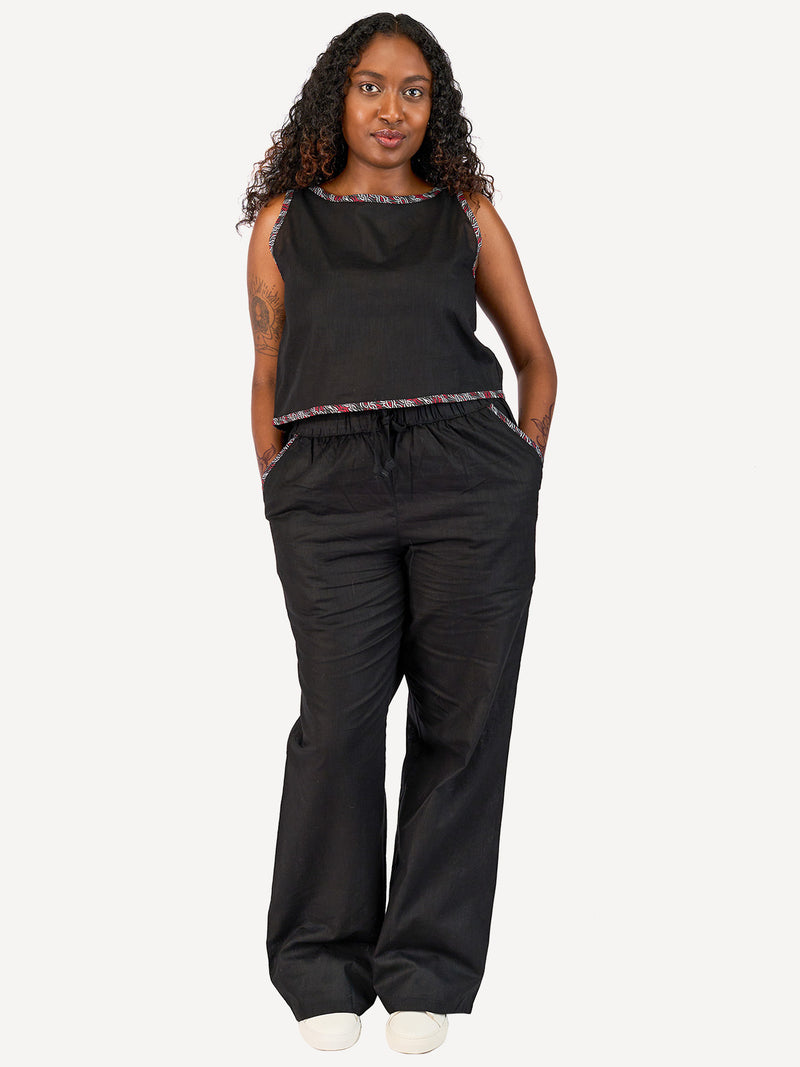 Ladies Linen Pants: Black with R&G Tribal Print