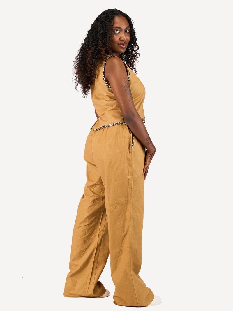 Ladies Linen Pants: Caramel Brown with Caramel Print