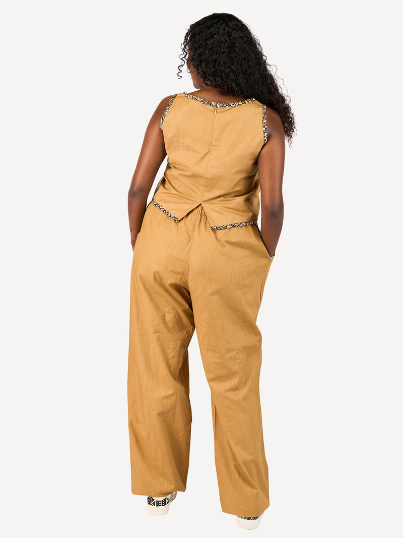 Ladies Linen Pants: Caramel Brown with Caramel Print