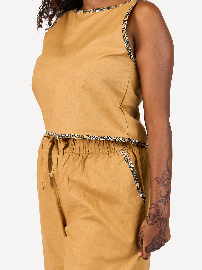 Ladies Linen Pants: Caramel Brown with Caramel Print