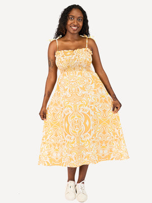 Kali Ladies: Shirred Midi Dress - Soleil