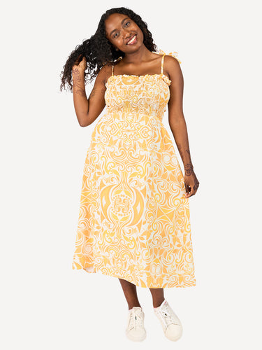Kali Ladies: Shirred Midi Dress - Soleil