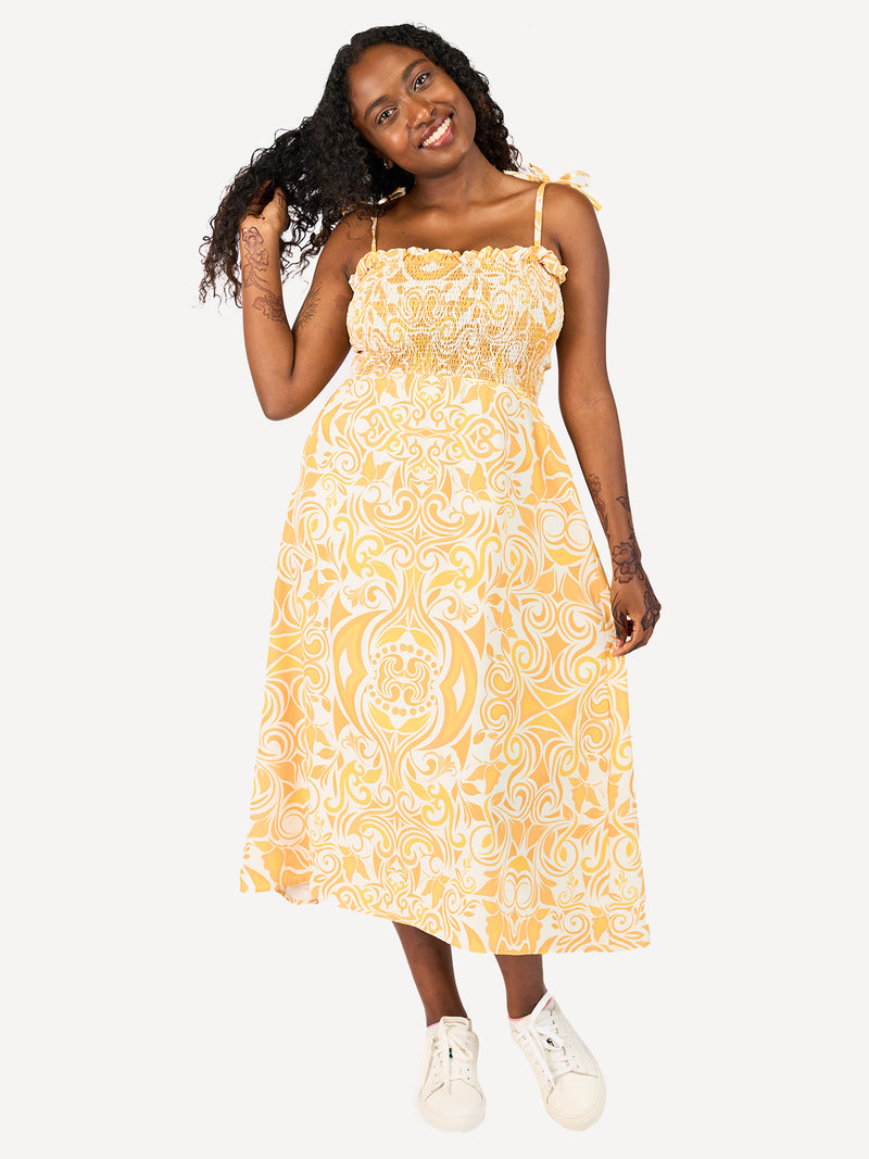 Kali Ladies: Shirred Midi Dress - Soleil