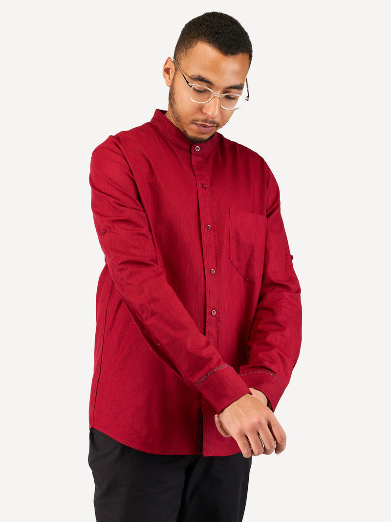 Linen Long-Sleeve Shirts: Burgundy with Zambarao Ardhani Print