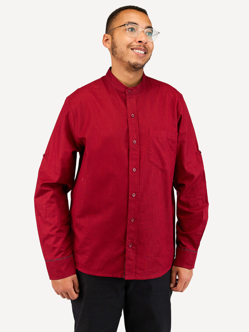 Linen Long-Sleeve Shirts: Burgundy with Zambarao Ardhani Print