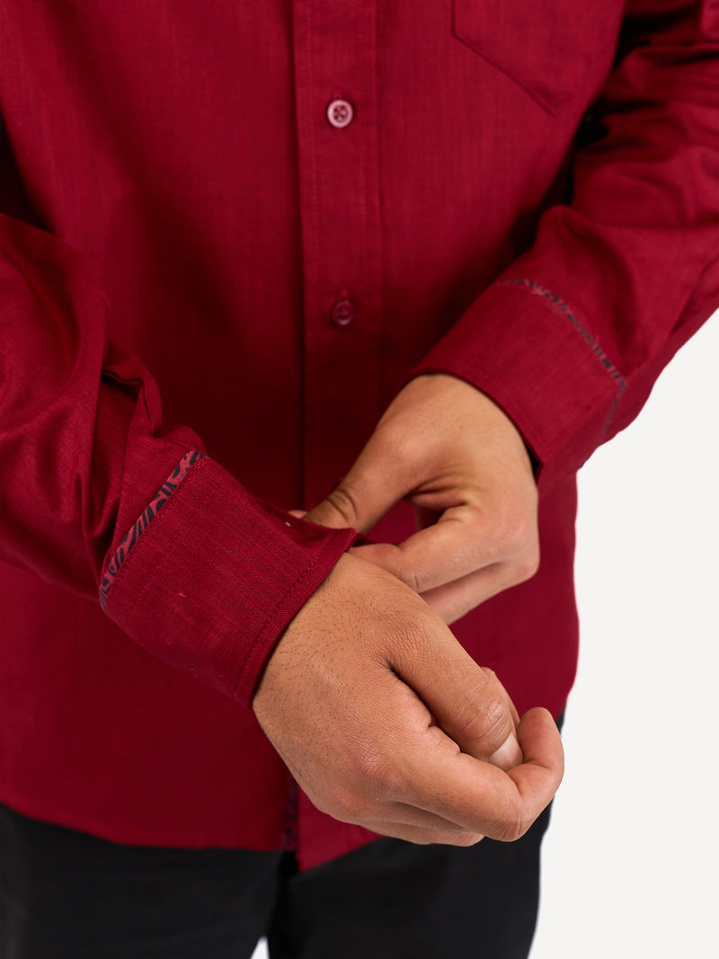 Linen Long-Sleeve Shirts: Burgundy with Zambarao Ardhani Print