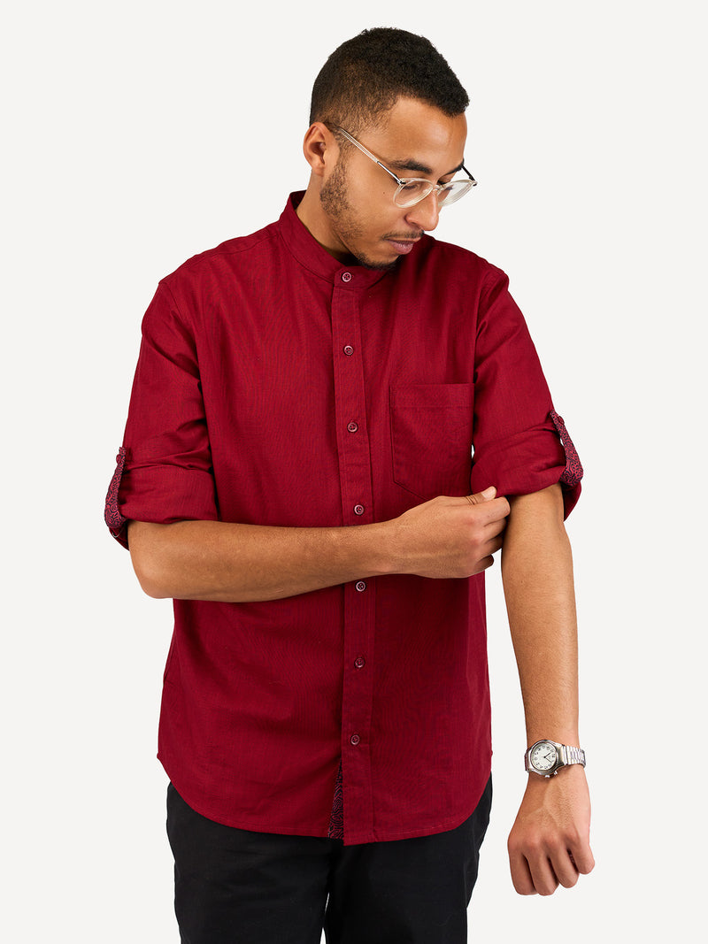 Linen Long-Sleeve Shirts: Burgundy with Zambarao Ardhani Print