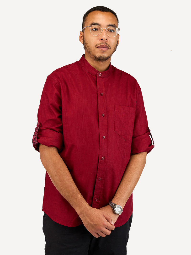 Linen Long-Sleeve Shirts: Burgundy with Zambarao Ardhani Print