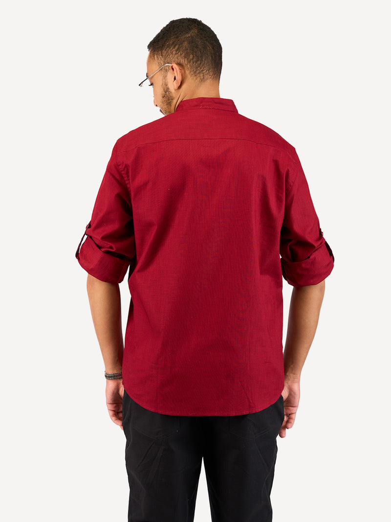 Linen Long-Sleeve Shirts: Burgundy with Zambarao Ardhani Print