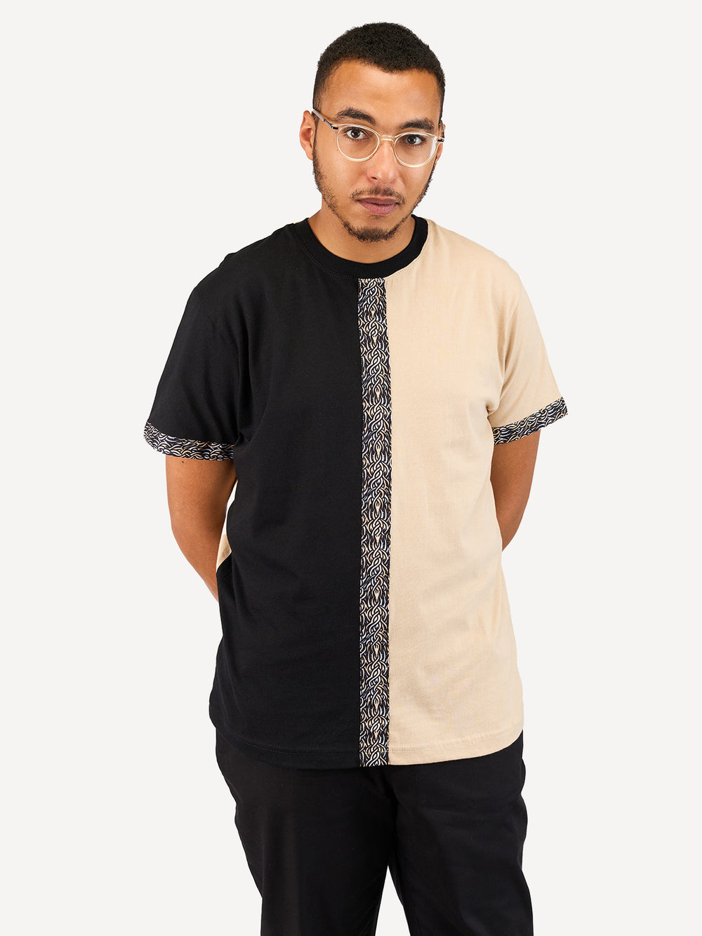 Kali Block Ts: Black & Beige With Beige Tattoo Print