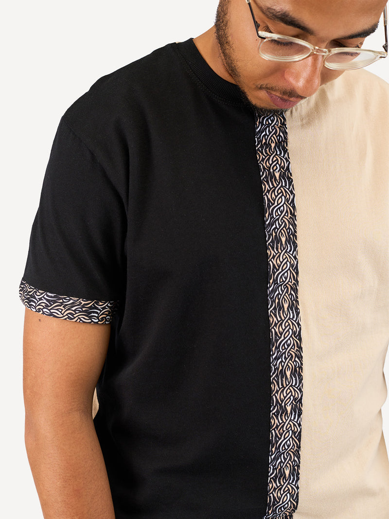 Kali Block Ts: Black & Beige With Beige Tattoo Print