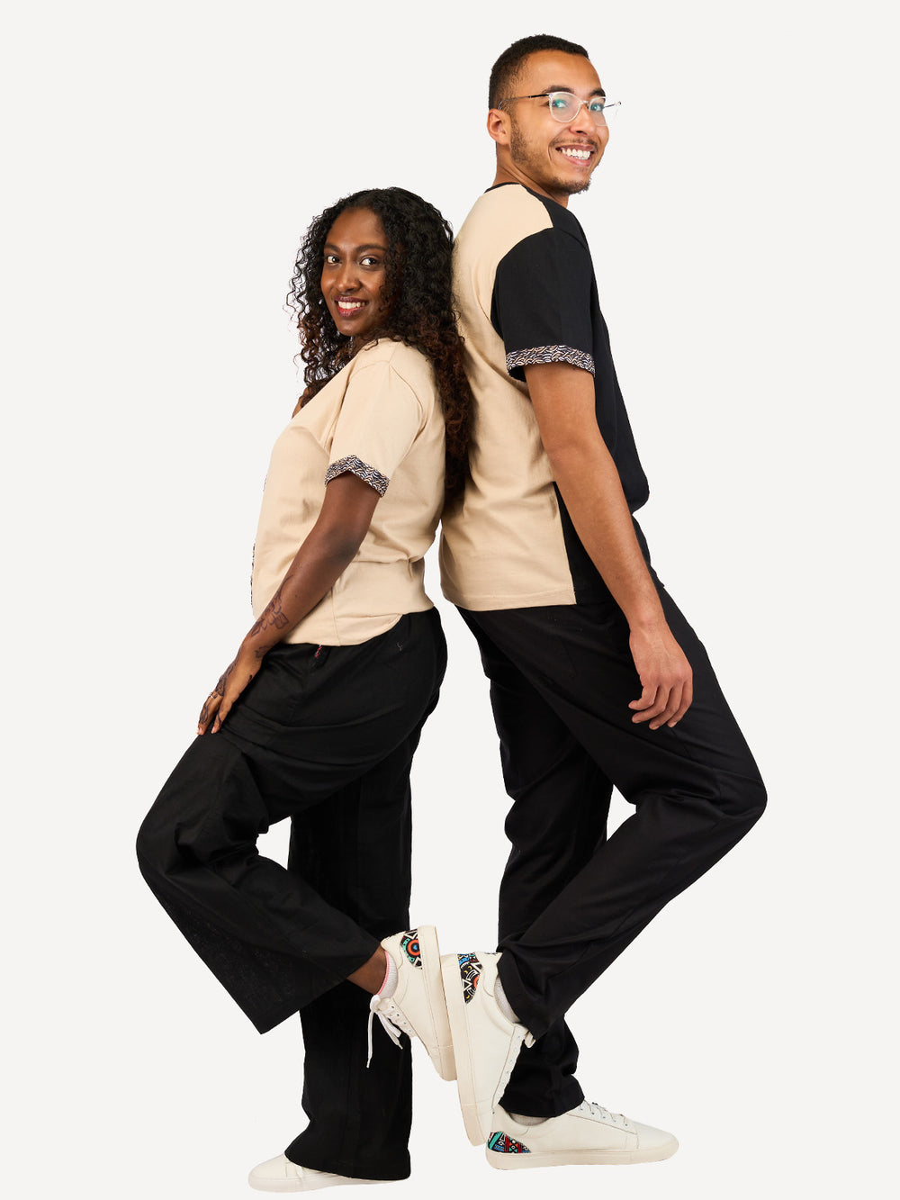 Kali Block Ts: Black & Beige With Beige Tattoo Print