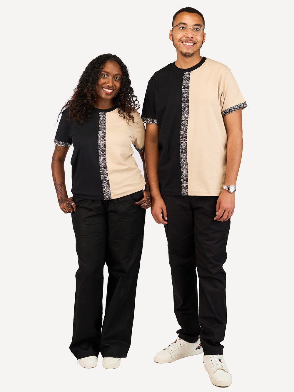 Kali Block Ts: Black & Beige With Beige Tattoo Print