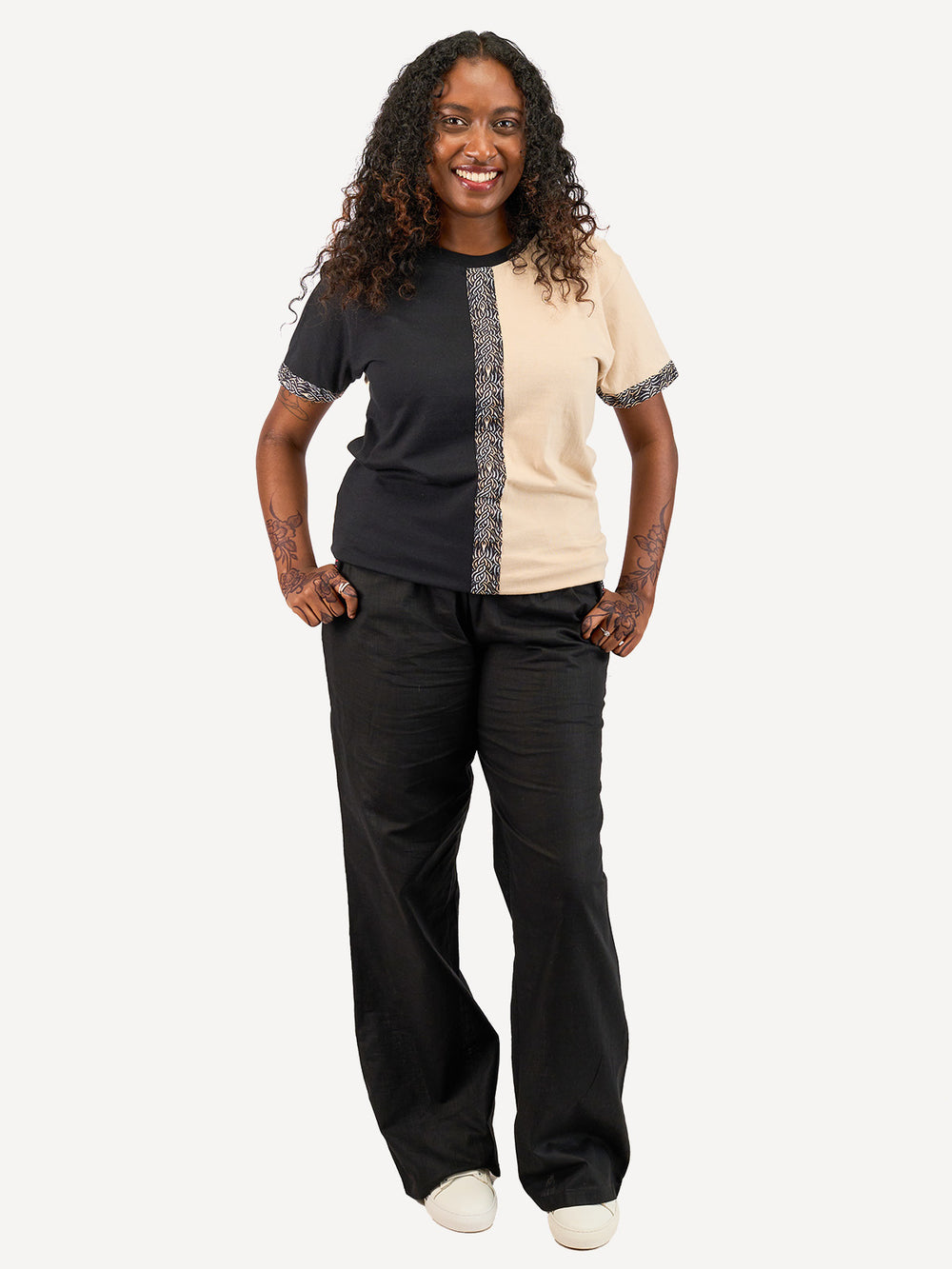 Kali Block Ts: Black & Beige With Beige Tattoo Print