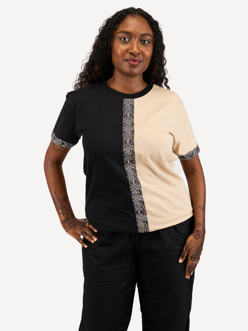 Kali Block Ts: Black & Beige With Beige Tattoo Print