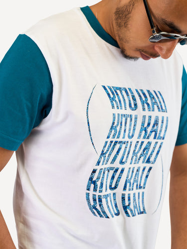Kali Graphic Ts: White & Petrol Blue with KK Wave