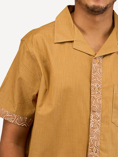 Linen Shirts: Caramel Brown with Umber Geo Print