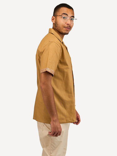 Linen Shirts: Caramel Brown with Umber Geo Print