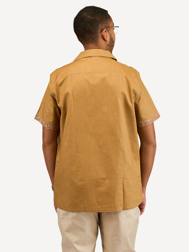 Linen Shirts: Caramel Brown with Umber Geo Print