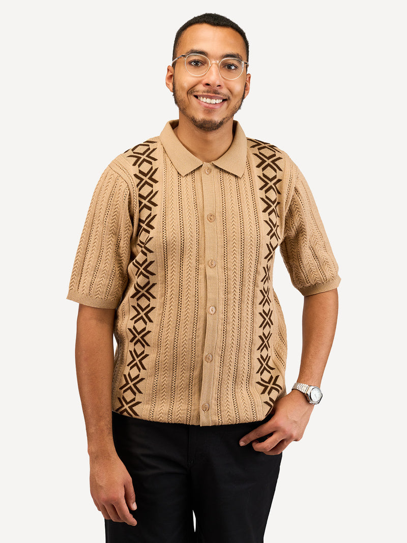 Kali Mens Button - Down KnitWear Shirts: Beige & Brown