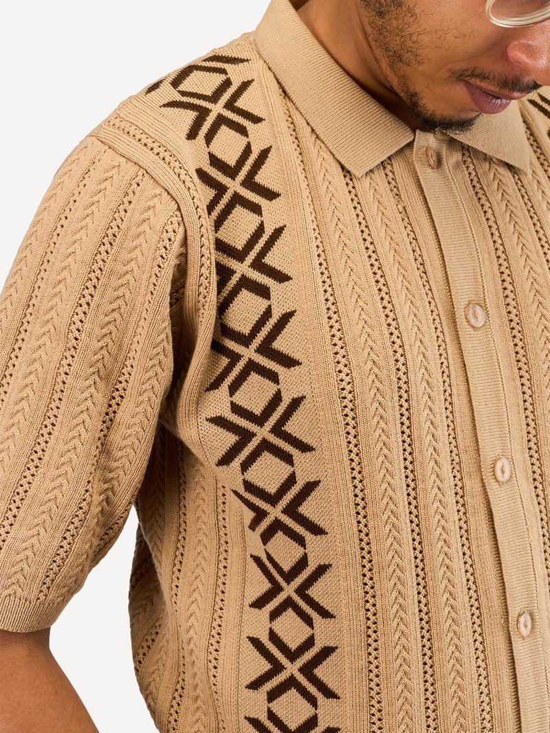 Kali Mens Button - Down KnitWear Shirts: Beige & Brown