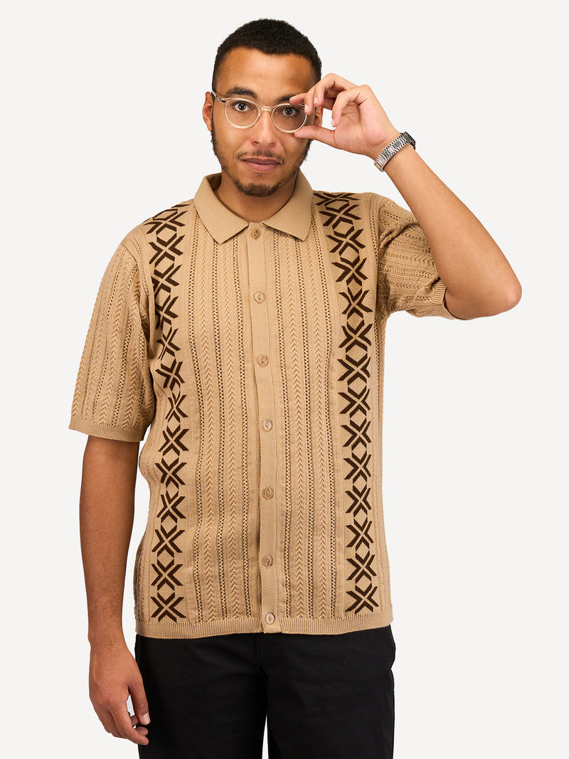 Kali Mens Button - Down KnitWear Shirts: Beige & Brown