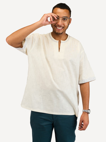 Linen Oversized Ts: Off-White with Chromatic Ardhani Print