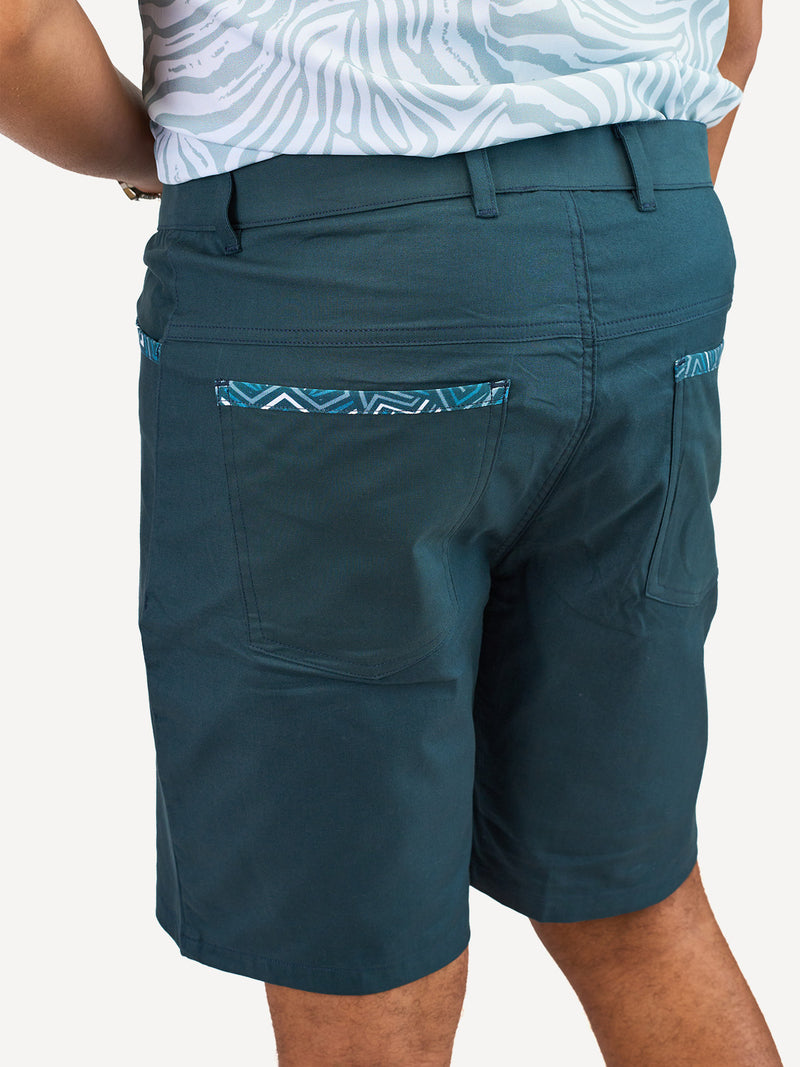 Chino Shorts: Navy with Petrol Geo Print