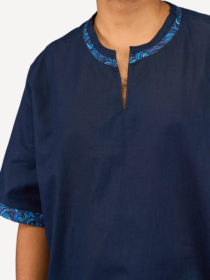 Linen Oversized Ts: Navy with Navy wave Print