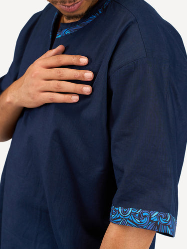 Linen Oversized Ts: Navy with Navy wave Print