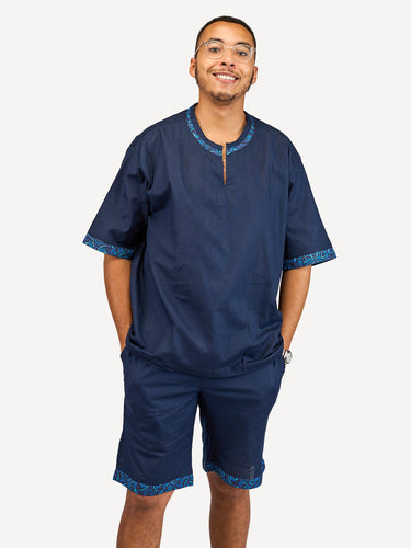 Linen Shorts: Navy with Navy Wave Print