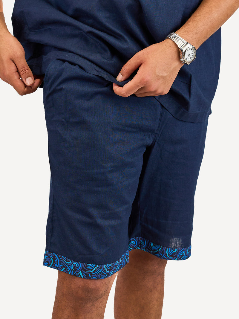 Linen Shorts: Navy with Navy Wave Print