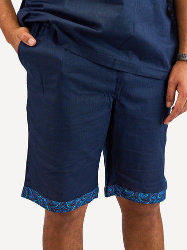 Linen Shorts: Navy with Navy Wave Print