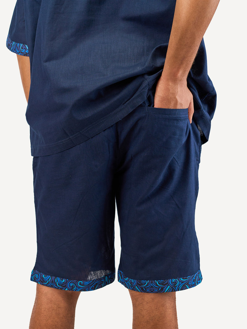 Linen Shorts: Navy with Navy Wave Print