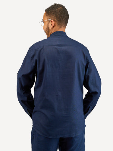 Linen Long-Sleeve Shirts: Navy with Navy Wave Print
