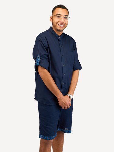 Linen Long-Sleeve Shirts: Navy with Navy Wave Print