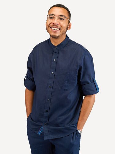Linen Long-Sleeve Shirts: Navy with Navy Wave Print