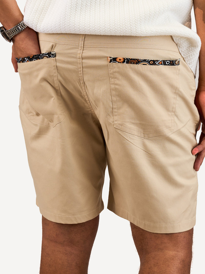 Chino Shorts: Beige with Safari Brown Tribal Print