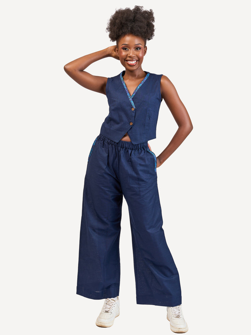 Ladies Linen Waistcoat: Navy with Navy Wave Print