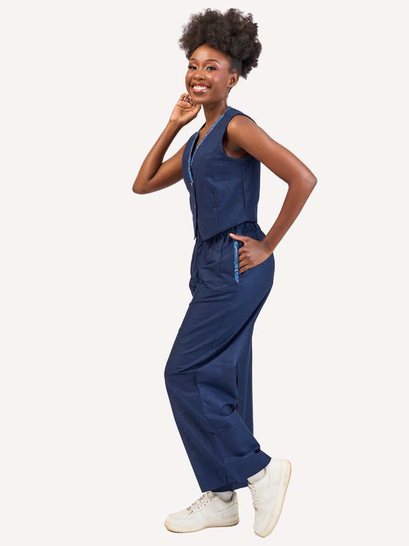 Ladies Linen Wide-Legged Pants: Navy with Navy Wave Print