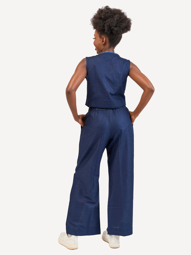 Ladies Linen Wide-Legged Pants: Navy with Navy Wave Print